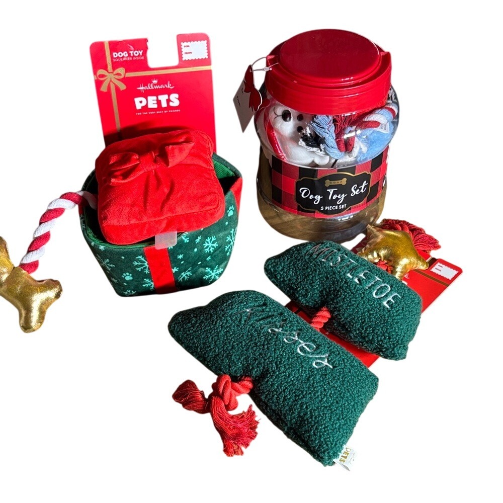 Hallmark Holiday Dog Toy Set & WOOF Holiday Dog 5 Piece Set Gift